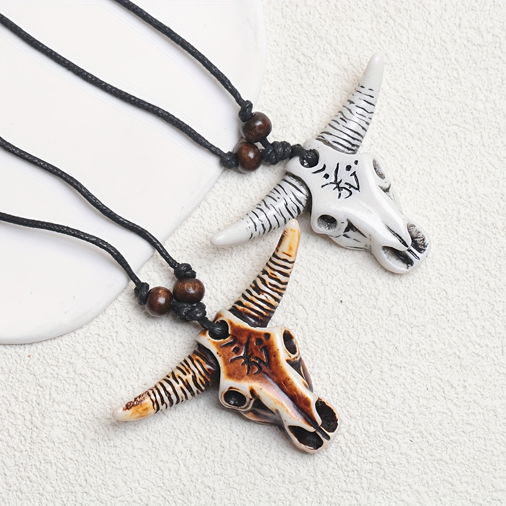 Hip Hop Rope Braided Resin Skull Bull Pendant Necklace Set